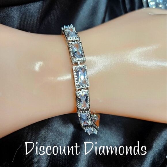 White Rectangular 5 mm Princess Cut Topaz Tennis Bracelet on 925 Silver - Picture 1 of 13